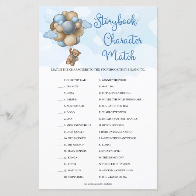 Cute teddy bear balloons Storybook Character Match (Front)