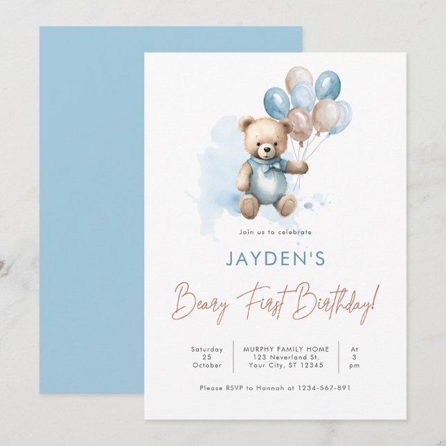 Cute Teddy Bear Beary First Birthday Blue Balloon Invitation (Front/Back)
