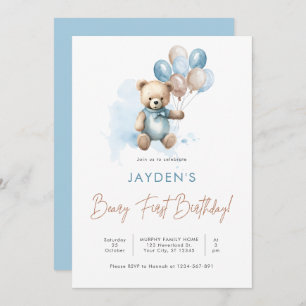 Cute Teddy Bear Beary First Birthday Blue Balloon Invitation