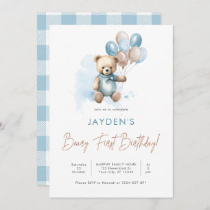 Cute Teddy Bear Beary First Birthday Blue Balloon Invitation