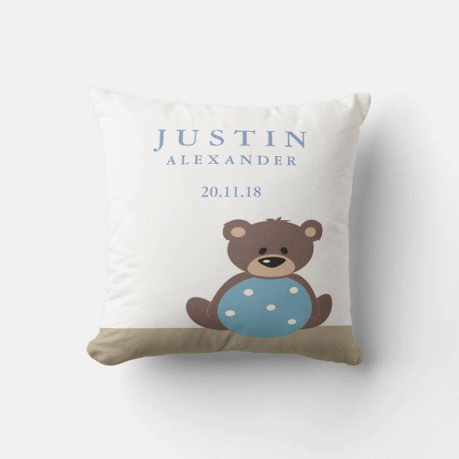 Cute Teddy Bear Birth Announcement Pillow (Front)