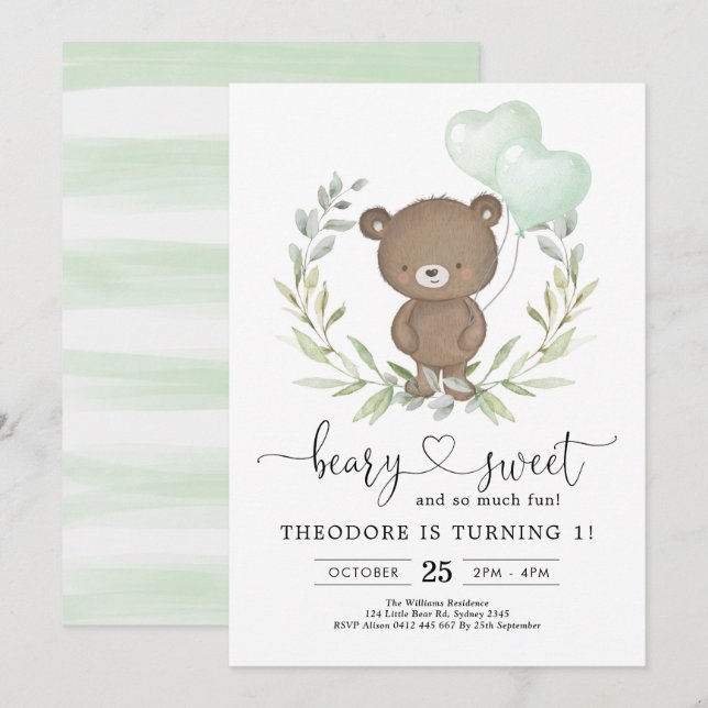 Cute Teddy Bear Birthday Boy Greenery Balloons Invitation (Front/Back)