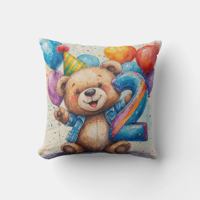 Cute Teddy Bear Birthday Celebration Cushion (Front)