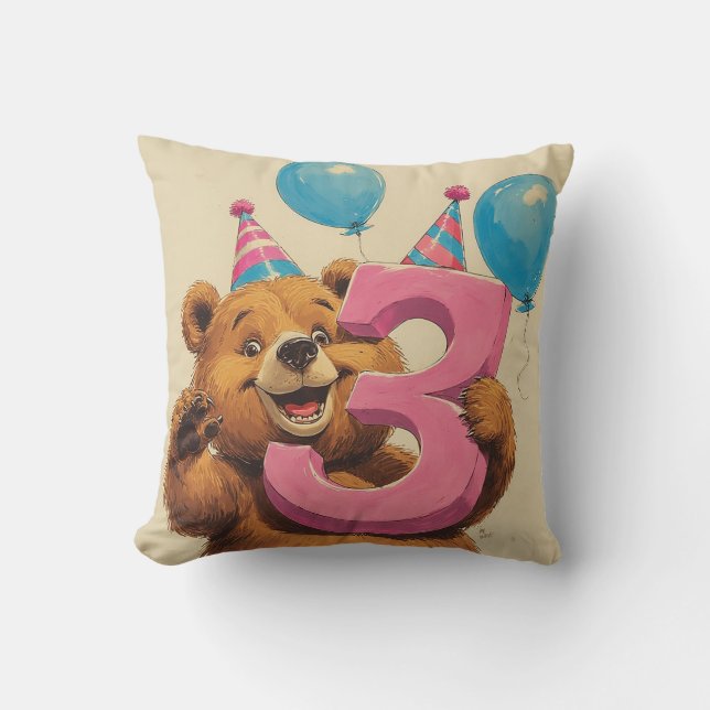 Cute Teddy Bear Birthday Celebration Cushion (Front)