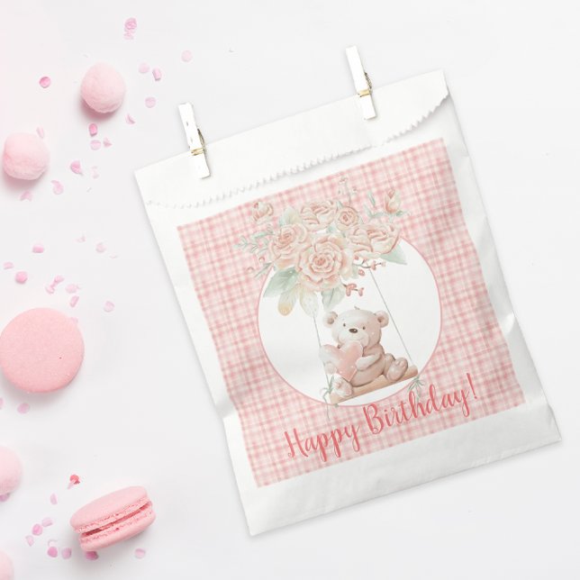 Cute Teddy Bear Birthday Favour Bags (An adorable teddy bear and pink flowers makes a perfect favor bag for a little girl's birthday)