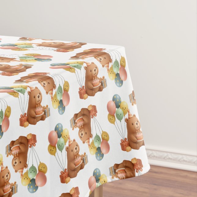 Cute Teddy Bear Birthday Tablecloth (In Situ)