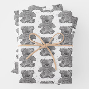 Cute Teddy Bear Black and White Custom Wrapping Paper Sheet