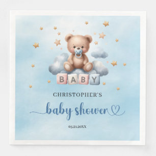 Cute teddy bear blue and brown boy baby shower napkin