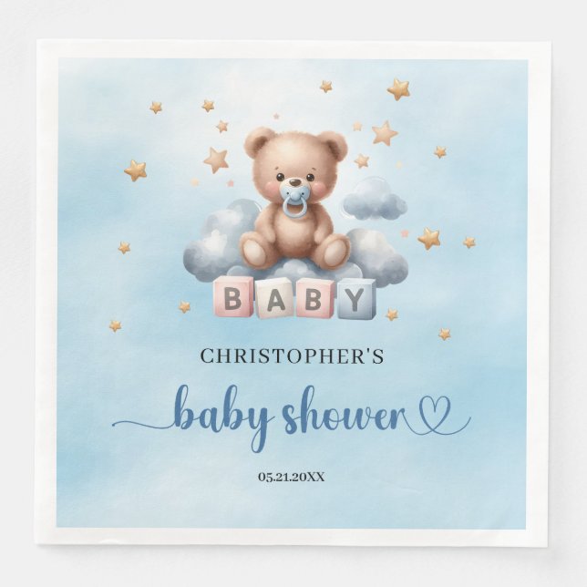 Cute teddy bear blue and brown boy baby shower napkin (Front)