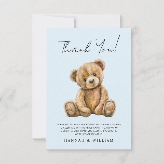 Cute Teddy Bear Blue Baby Boy Baby Shower Thank You Card (Front)