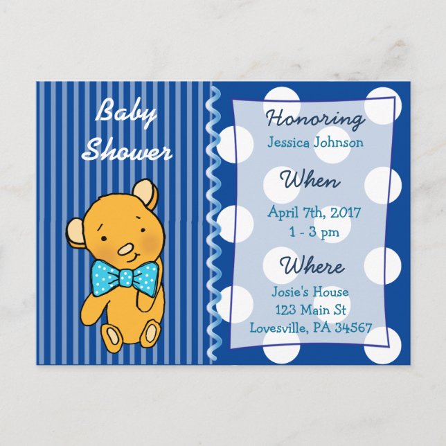 Cute Teddy Bear Blue Baby Shower Invitation (Front)