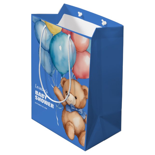 Cute Teddy Bear Blue Baby Shower Medium Gift Bag (Back Angled)