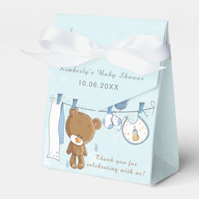 Cute Teddy Bear Blue Baby Shower Thank You Favour Box (Front Side)