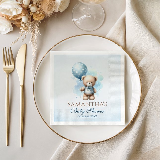 Cute Teddy Bear Blue Balloon Baby Shower Napkin (Creator Uploaded)