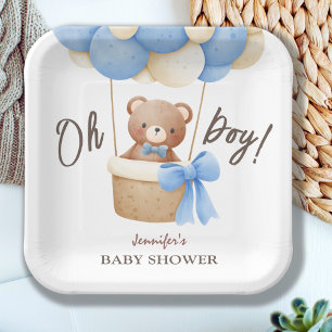 Cute Teddy Bear Blue Balloon Baby Shower Paper Plate