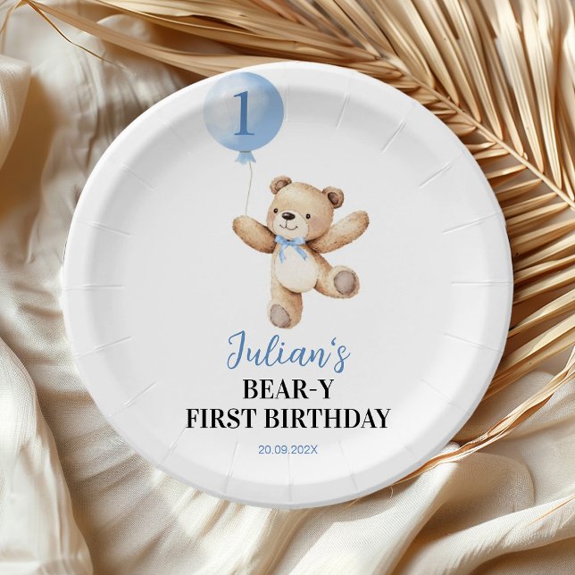 Cute Teddy Bear Blue Balloon Beary Birthday Paper Plate (Creator Uploaded)