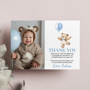 Cute Teddy Bear Blue Balloon Beary Birthday Photo Thank You Card