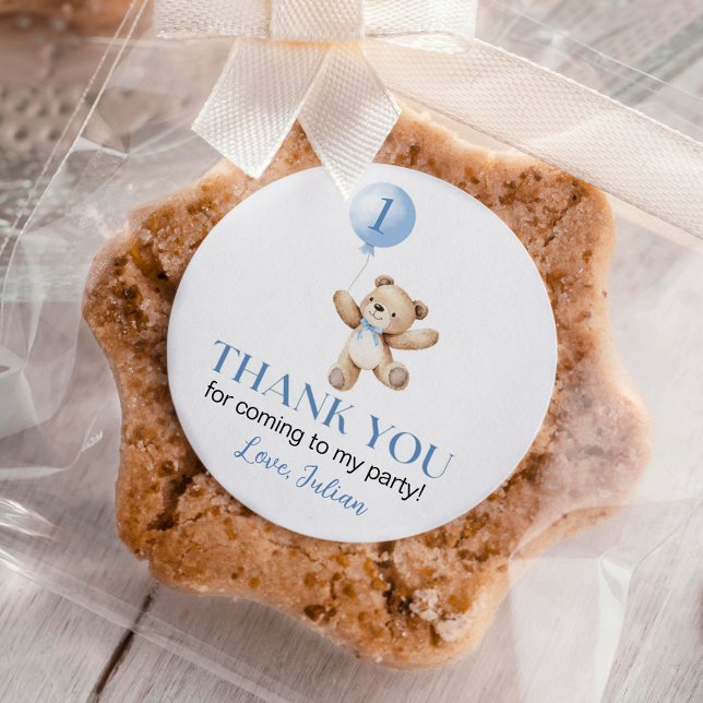 Cute Teddy Bear Blue Balloon Beary First Birthday Classic Round Sticker (Creator Uploaded)