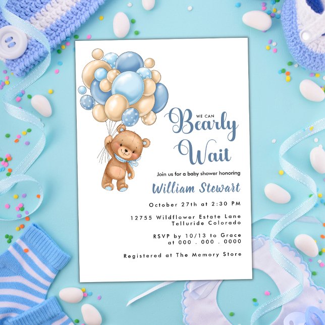 Cute Teddy Bear Blue Balloon Boy Baby Shower Invitation (Creator Uploaded)