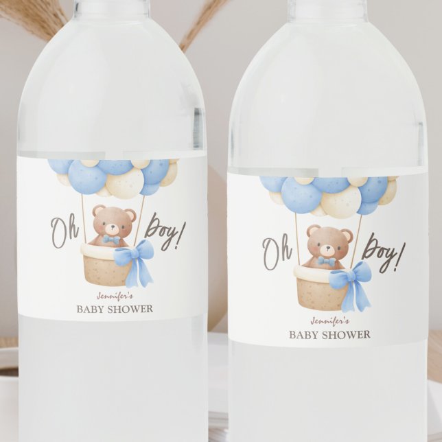 Cute Teddy Bear Blue Balloon | Boy Baby Shower Water Bottle Label (Creator Uploaded)
