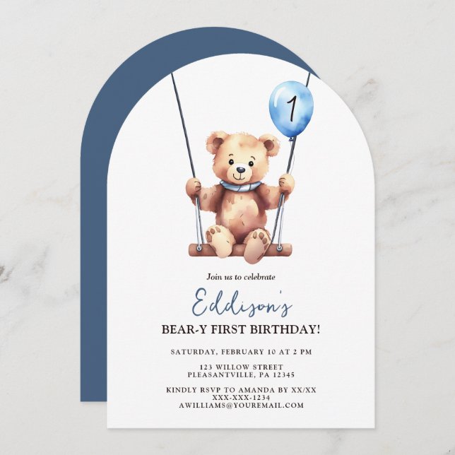 Cute Teddy Bear Blue Balloon First Birthday Invitation (Front/Back)