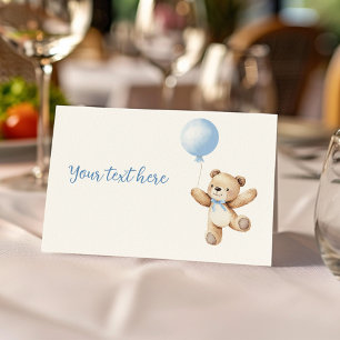 Cute Teddy Bear Blue Balloon Food Tent Place Card