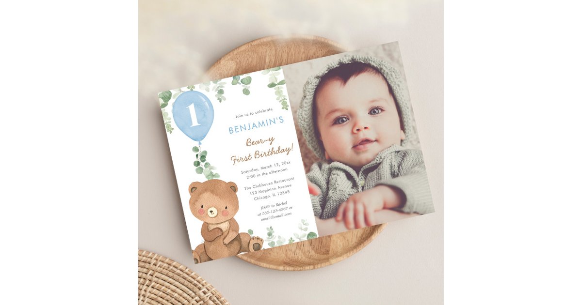 Cute teddy bear blue balloons 1st birthday boy invitation | Zazzle