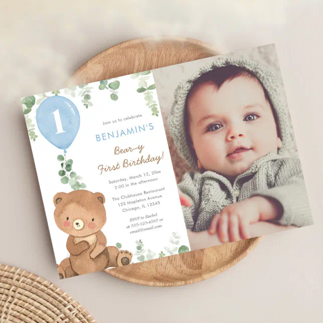 Cute teddy bear blue balloons 1st birthday boy invitation | Zazzle
