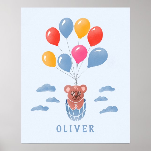 Cute Teddy Bear Blue Balloons Boy Name Poster (Front)