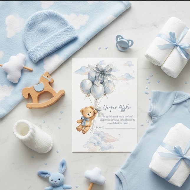 Cute Teddy Bear Blue Balloons Clouds Baby Boy Enclosure Card (Creator Uploaded)