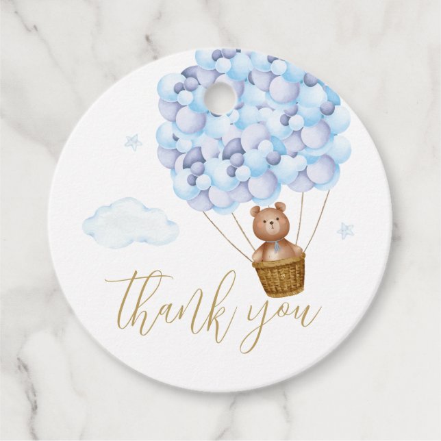 Cute Teddy Bear Blue Balloons Thank You Favour Tags (Front)