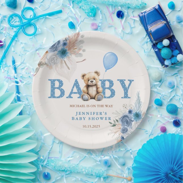 Cute Teddy Bear Blue Boho Floral Boy Paper Plate (Party)