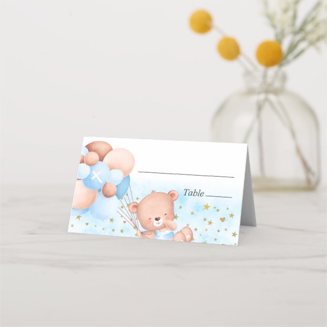 Cute Teddy Bear Blue Boy Baptism Place Card (Front)