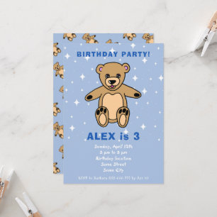 Cute Teddy Bear Blue Boy Birthday Invitation