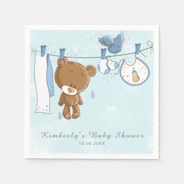 Cute Teddy Bear Blue Clothesline Baby Shower Napkin (Front)