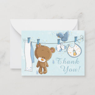 Cute Teddy Bear Blue Clothesline Thank You Card
