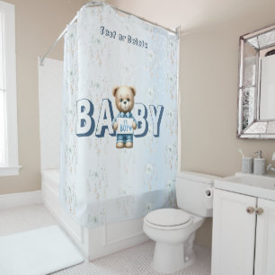 Cute Teddy Bear Blue Floral Beautiful Shower Curtain