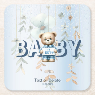Cute Teddy Bear Blue Floral Beautiful Square Paper Coaster