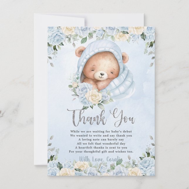 Cute Teddy Bear Blue Floral Bundle Boy Baby Shower Thank You Card (Front)