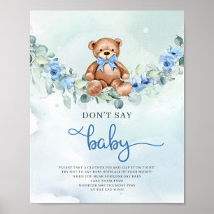 Cute teddy bear blue flowers don't say baby game poster
