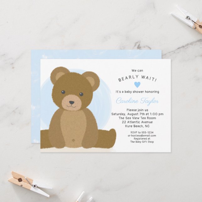 Cute Teddy Bear Blue Heart Boy Baby Shower Invitation (Front/Back In Situ)