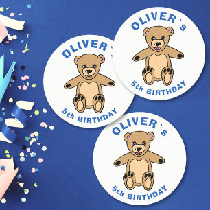 Cute Teddy Bear Blue Kids Birthday Party Round Paper Coaster