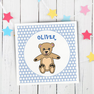Cute Teddy Bear Blue Kids Name Birthday Party Napkin