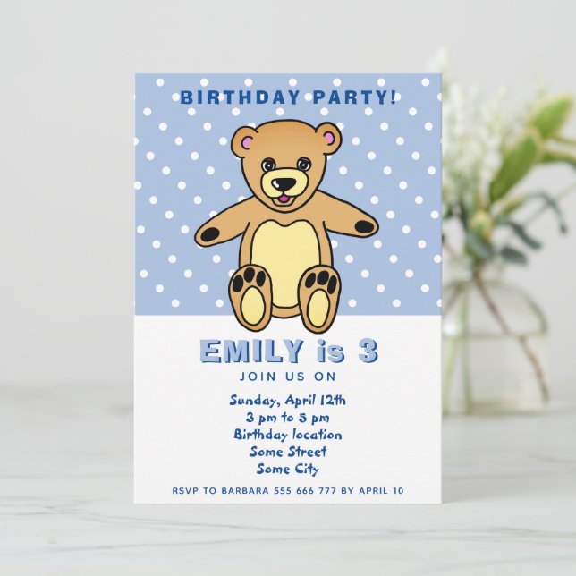 Cute Teddy Bear Blue Polka Dot Kid`s Birthday Invitation (Standing Front)