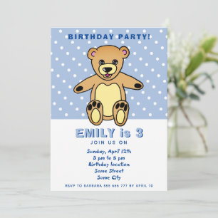 Cute Teddy Bear Blue Polka Dot Kid`s Birthday Invitation