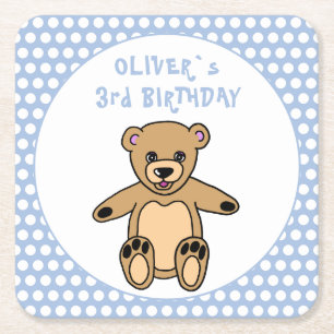 Cute Teddy Bear Blue Polka Dot Kid`s Birthday Square Paper Coaster
