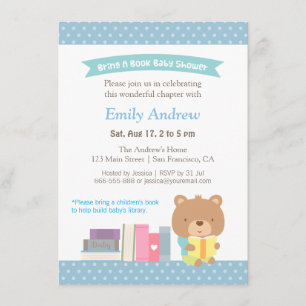 Cute Teddy Bear Blue Polka Dots Book Baby Shower Invitation
