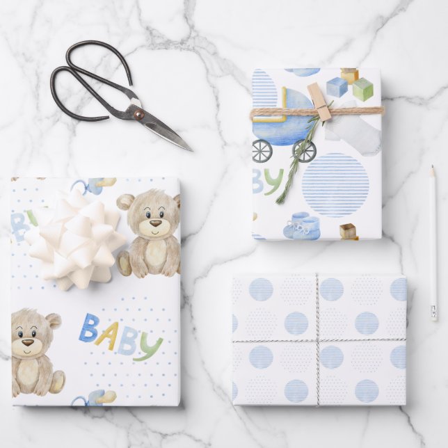 Cute Teddy Bear Blue Polkadots Baby Carriage Boy  Wrapping Paper Sheet (Front)