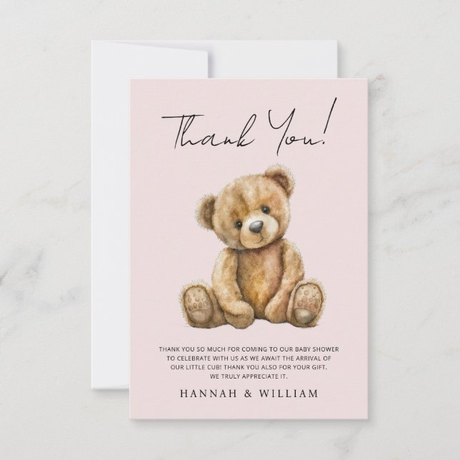 Cute Teddy Bear Blush Pink Baby Girl Baby Shower Thank You Card (Front)