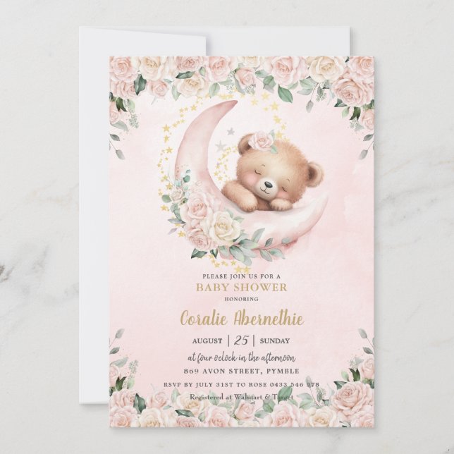 Cute Teddy Bear Blush Pink Floral Girl Baby Shower Invitation (Front)
